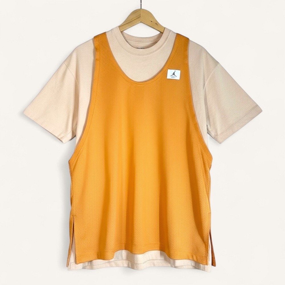 NIKE Jordan Oversized Fit Mesh Jersey Layered Beige Orange T Shirt Dress‎ Sz XS